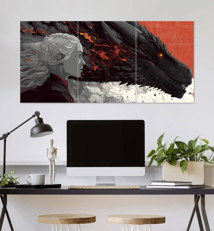Dragon Queen - Fantasy Woman and Dragon Wall Poster | Super Hero Poster | 3 Piece set Poster